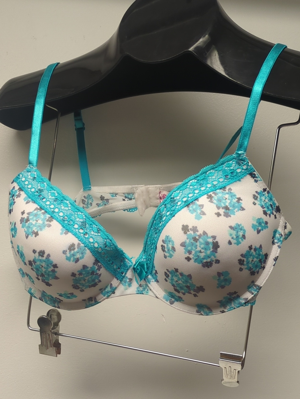 36C Candie's PUSH UP Bra Blue Floral Bra with Lace Trim mesh Back Nwd